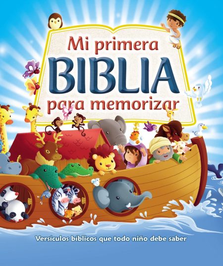 Portada de un libro ilustrado titulado Mi primera BIBLIA para memorizar que muestra un arca de madera flotando en el agua con varios animales animados y niños a bordo, bajo un cielo con nubes y un sol brillante.