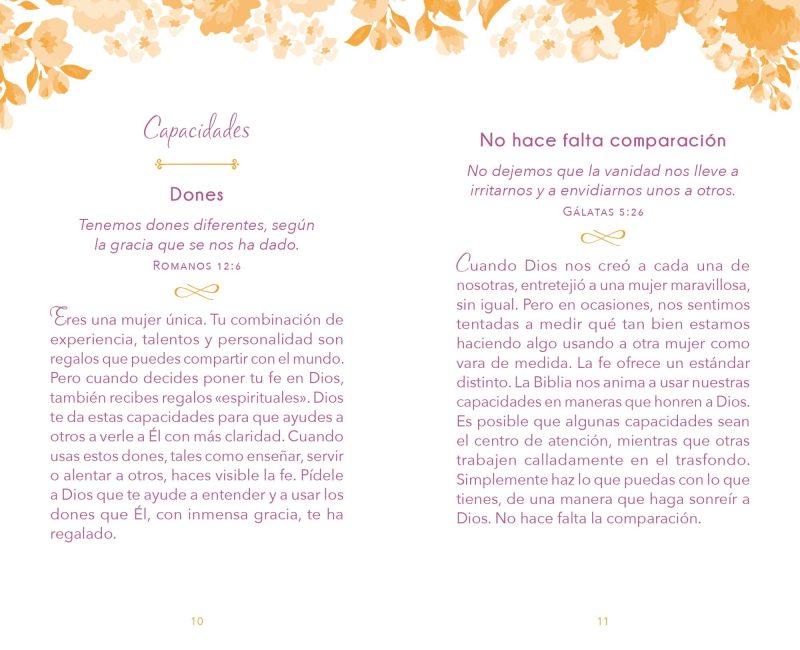 Páginas de un libro con fondos florales en tonos de oro y texto en español destacando citas bíblicas y reflexiones sobre las capacidades y dones únicos de las mujeres, según Romanos 126 y Gálatas 526.