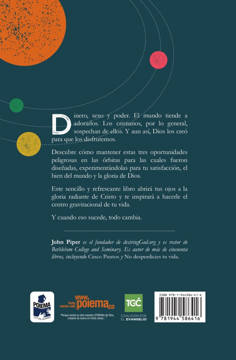Portada trasera de un libro con una ilustración estilizada de órbitas planetarias y texto en español que ofrece un resumen y la información del autor.