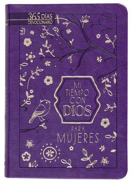 Portada de un devocionario cristiano de color púrpura titulado Mi Tiempo Con Dios para Mujeres con decoraciones doradas representado por ramas, flores y un pájaro.