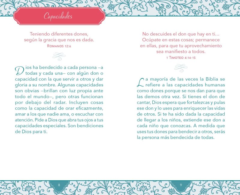 Imagen con dos columnas de texto en un fondo decorativo con bordes de filigrana. La columna izquierda está encabezada por la palabra 'Capacidades' en un marco rojo y contiene un pasaje bíblico de Romanos 126, seguido de un texto inspiracional sobre cómo Dios bendice a las personas con diversas capacidades y dones. La columna derecha contiene un pasaje de 1 Timoteo 414-15 y un texto que anima a no descuidar los dones dados por Dios, sugiriendo que su uso beneficia tanto a otros como al poseedor del don.