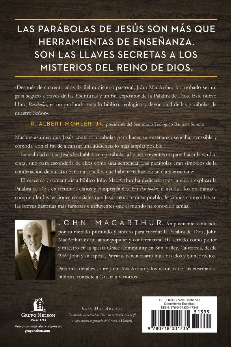 Portada del libro que presenta un fondo de textura de madera con texto en blanco y dorado explicando que las parábolas de Jesús son herramientas de enseñanza y claves para los misterios del reino de Dios. Incluye una cita de R. Albert Mohler Jr., un resumen del enfoque del libro sobre las parábolas y una foto y breve biografía de John MacArthur en la parte inferior.