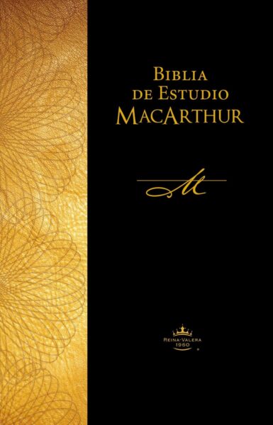 Portada elegante de la Biblia de Estudio MacArthur con fondo negro y dorado, texto en dorado y corona en la parte inferior.