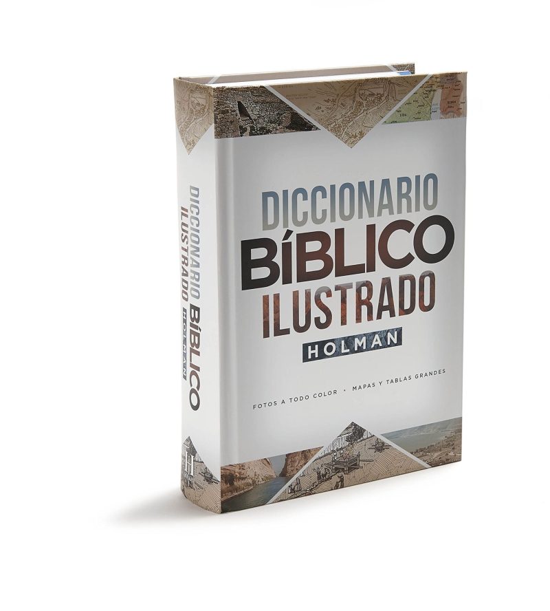 Un libro titulado DICCIONARIO BÍBLICO ILUSTRADO HOLMAN en fondo blanco, destacando que contiene fotos a todo color, mapas y tablas grandes.