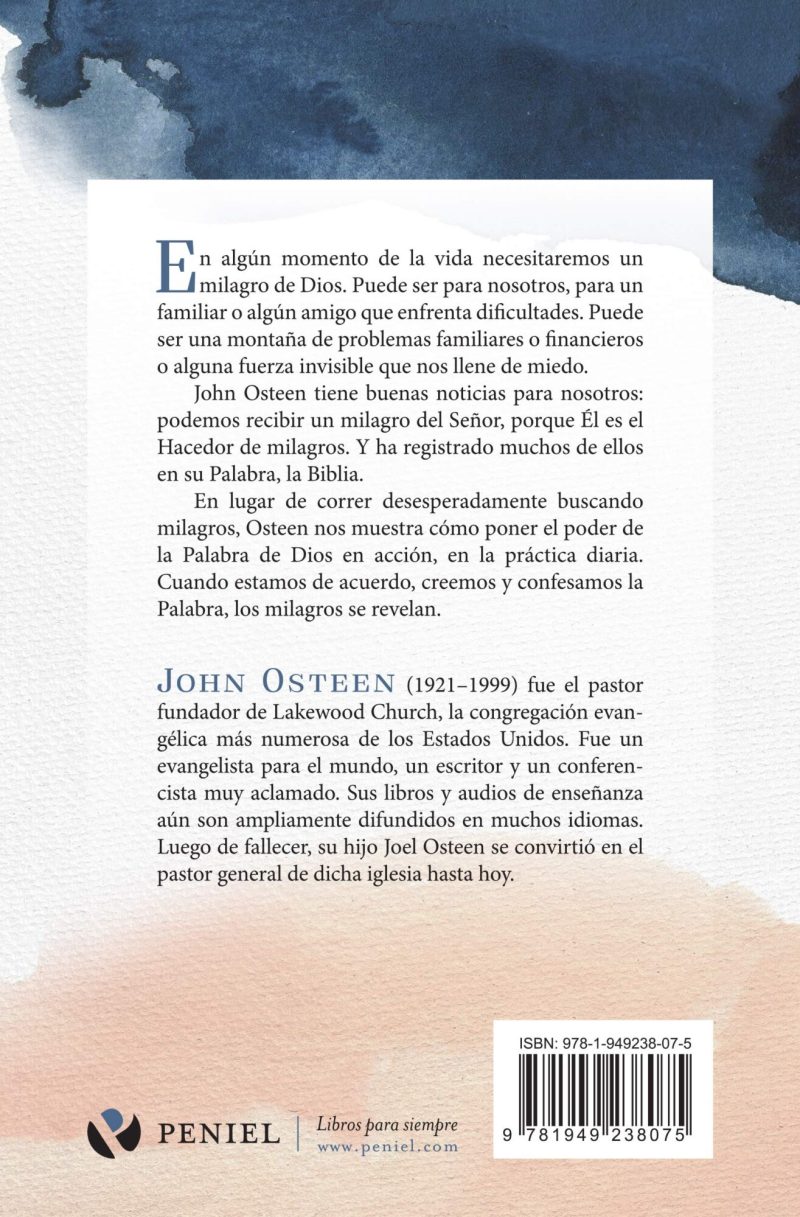 Parte trasera de una cubierta de libro con texto en español sobre John Osteen y su legado. Las palabras están sobre un fondo acuarela que transiciona de azul oscura en la parte superior a rosa claro en la inferior.