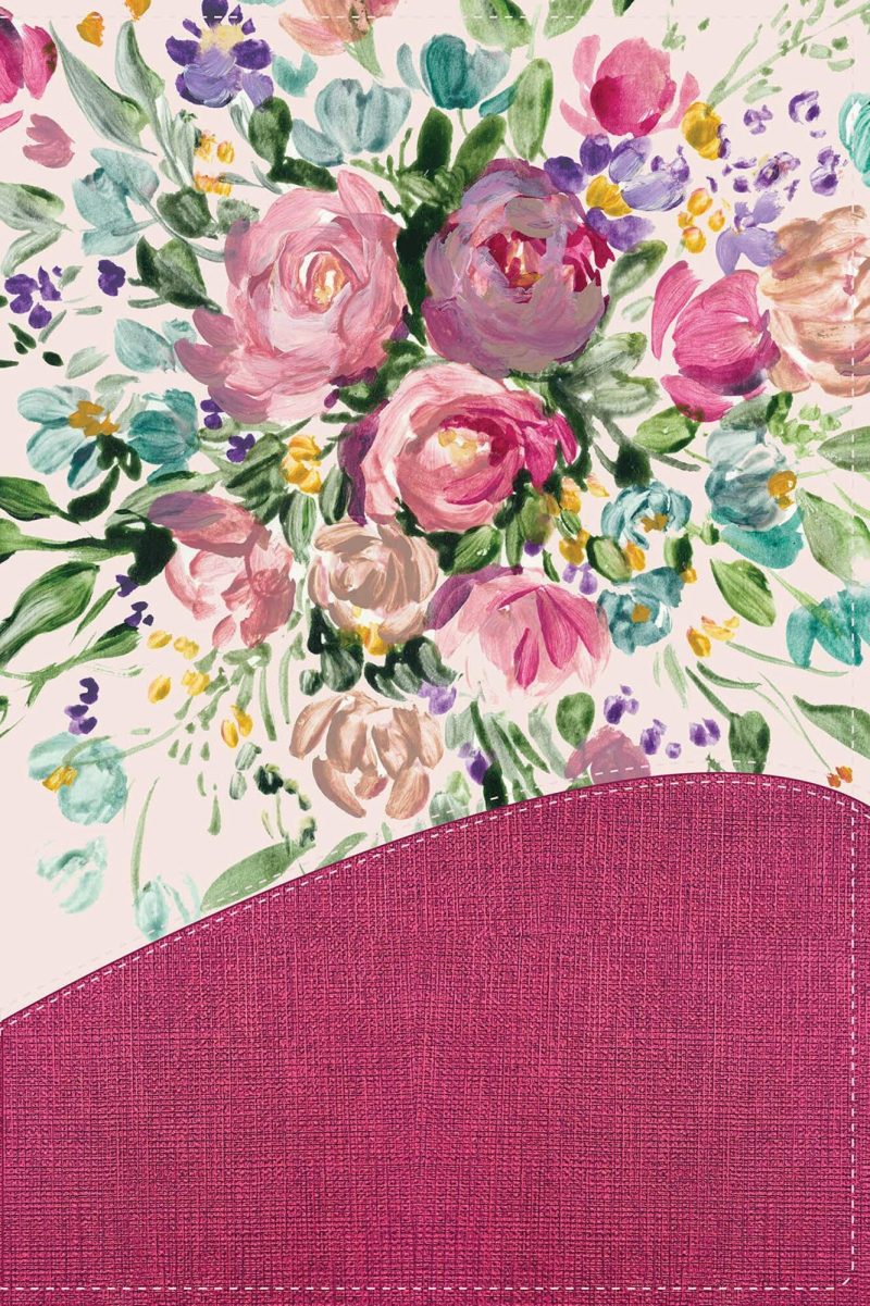 Imagen de una obra de arte que muestra una ilustración de flores coloridas sobre un fondo de tela texturizada en tono magenta.