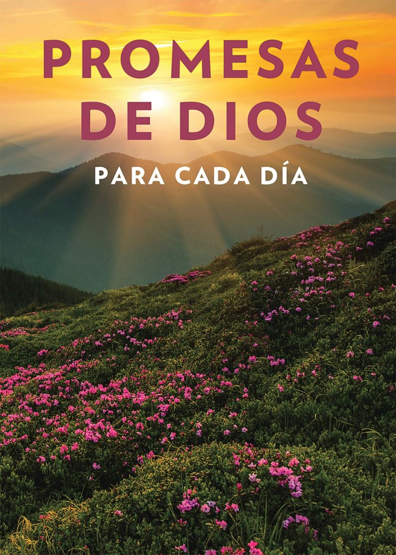 Portada de un libro titulado 'PROMESAS DE DIOS PARA CADA DÍA' con la imagen de un paisaje de montañas bañadas por la luz del amanecer y flores silvestres en primer plano.