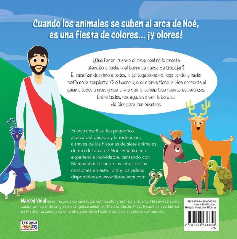 Ilustración colorida para un libro infantil que muestra un hombre con vestimenta bíblica y diferentes animales como un pavo real, una tortuga, una paloma, un ciervo y otros, todos en actitudes alegres, sobre un fondo de colores suaves que representa el arca de Noé.
