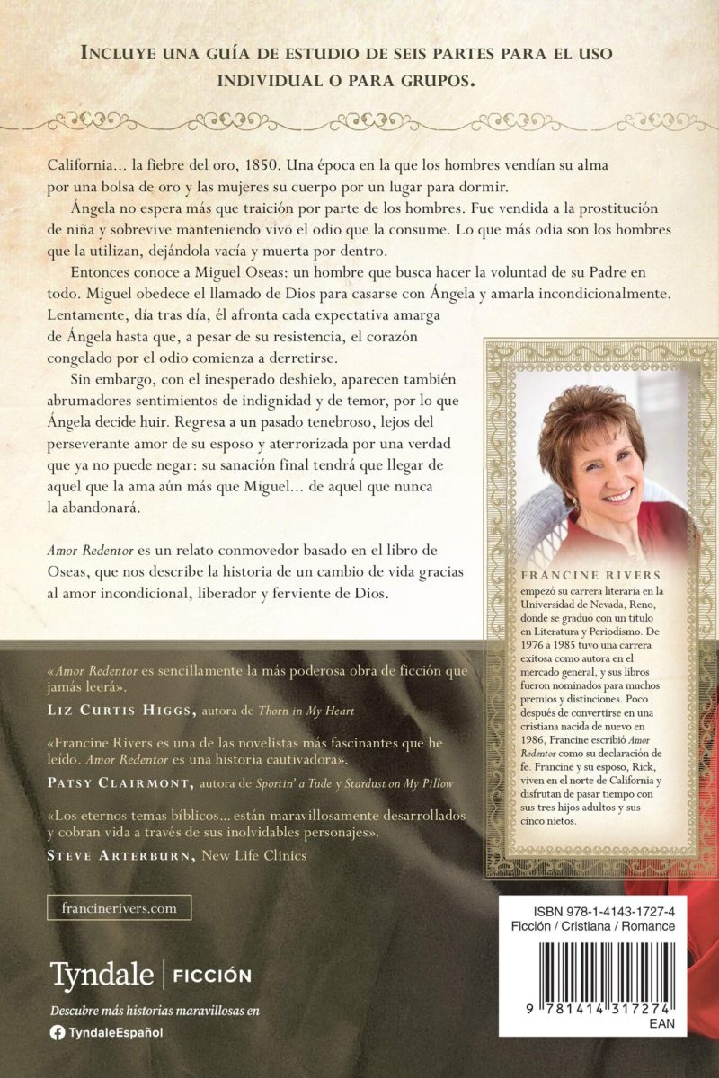 Portada del libro Amor Redentor que incluye foto de la autora Francine Rivers, con una breve sinopsis y recomendaciones de otros autores en la parte trasera.