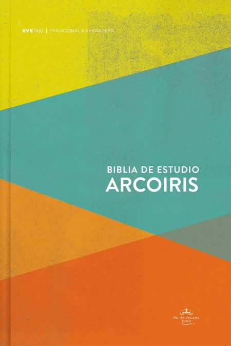 Portada de la Biblia de Estudio Arcoíris con un diseño geométrico que incluye franjas diagonales en colores amarillo, verde azulado, naranja, y azul claro. Texto en la portada lee 'RVR1960 | TRADICIONAL & VERDADERA' y 'BIBLIA DE ESTUDIO ARCOÍRIS' con el logotipo de Reina Valera 1960 en la parte inferior.