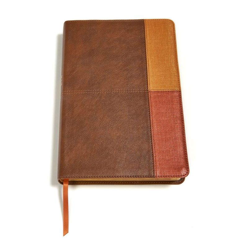 Un cuaderno cerrado con tapa de cuero tricolor (marrón, dorado y rojo) y marcador de página naranja, sobre un fondo blanco.