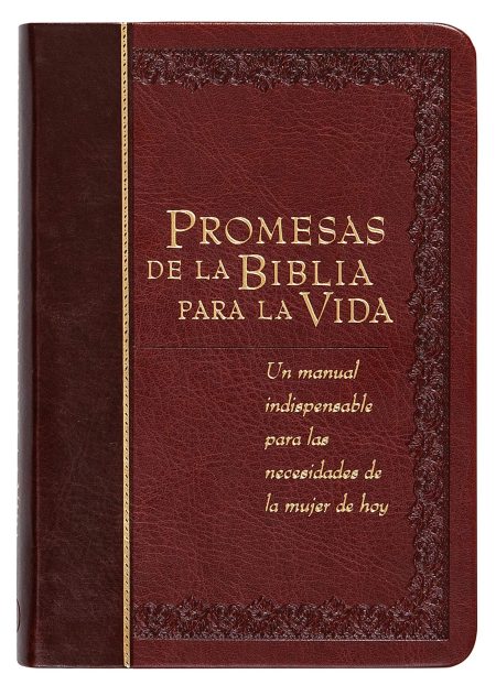 Fotografía de un libro con tapa de piel marrón titulado Promesas de la Biblia para la Vida, con letras doradas y adornos en relieve en los bordes.