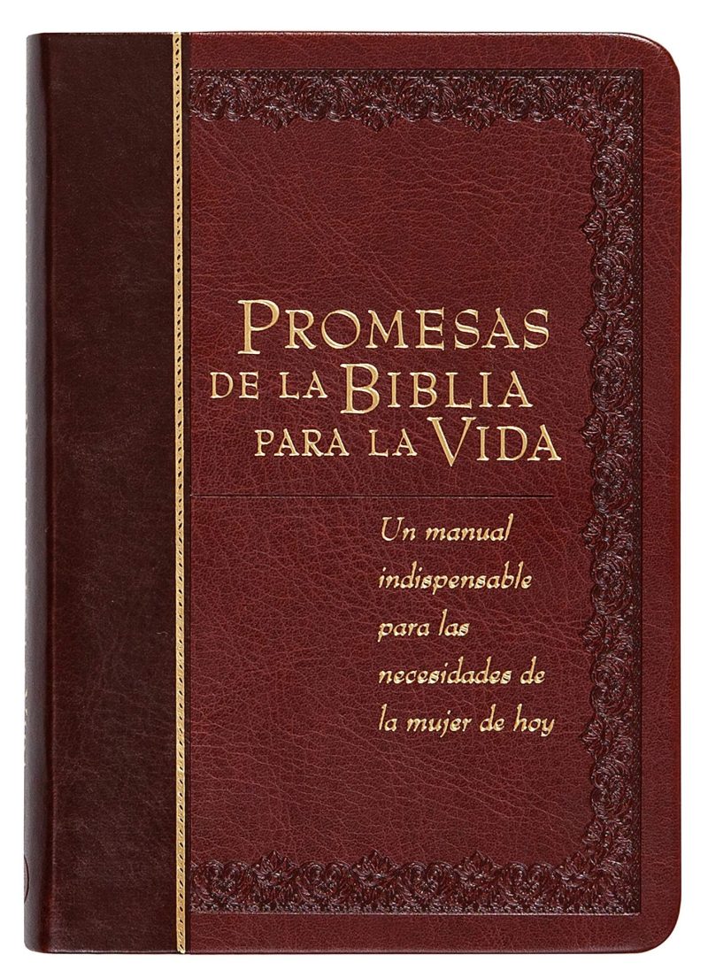 Fotografía de un libro con tapa de piel marrón titulado Promesas de la Biblia para la Vida, con letras doradas y adornos en relieve en los bordes.