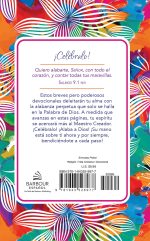 parte trasera de la portada de un libro de devocionales titulado ¡Celébralo! en español. La disposición incluye una cita del Salmo 9.1 de la Biblia y una breve descripción del contenido del libro, destacando que los devocionales están diseñados para deleitar el alma y acercar al lector al Creador. El diseño es vibrante y alegre, con un patrón de formas abstractas y flores multicolores que sugieren un tema de celebración y exaltación. En la parte inferior, se encuentra el logotipo de BARBOUR ESPAÑOL y la información del ISBN. El precio indicado es de $9.99 en los Estados Unidos.
