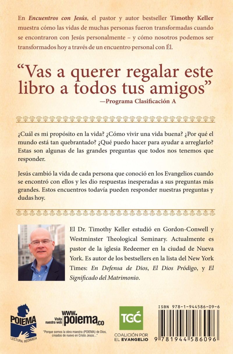 Contraportada de un libro tituladoEncuentros con Jesús con una cita destacada, información sobre el autor y logos de organizaciones asociadas.