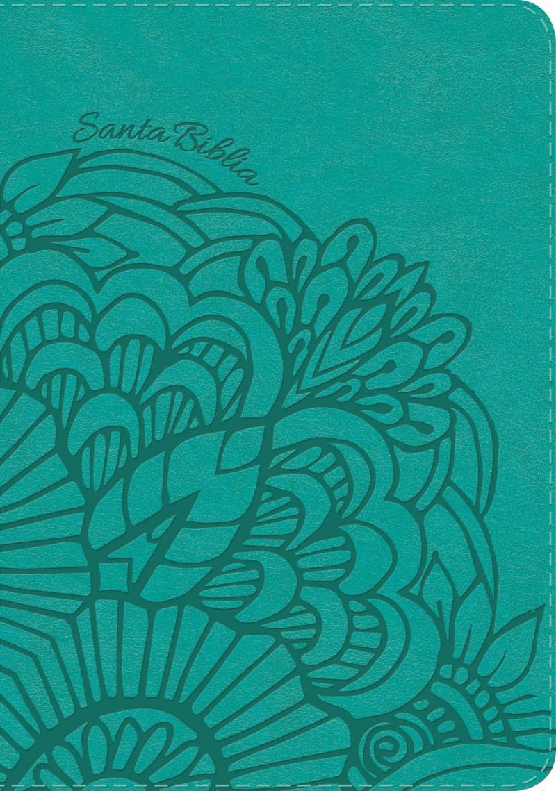 Portada de una Santa Biblia en tonos verdes con un grabado floral abstracto y el texto 'Santa Biblia' en la parte superior.