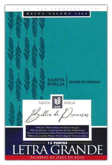 Fotografía de la portada de una Santa Biblia Reina-Valera 1960 en edición de promesas con letra grande, destacando características como las palabras de Jesús en rojo y más de 1800 promesas marcadas.
