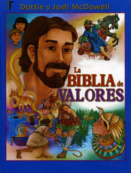 Portada de libro colorida titulada La Biblia de Valores, con ilustraciones de diferentes personajes bíblicos y animales en un estilo caricaturesco.