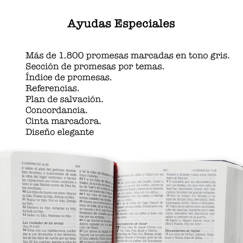 ** Imagen mostrando una Biblia abierta con una lista de características especiales, como más de 1,800 promesas marcadas y un diseño elegante.