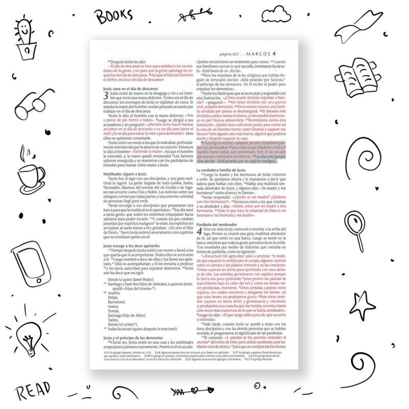 ** Imagen de una página de texto densa en el centro, rodeada por una serie de ilustraciones en blanco y negro que incluyen dibujos de libros, tazas de café, y símbolos de escritura.