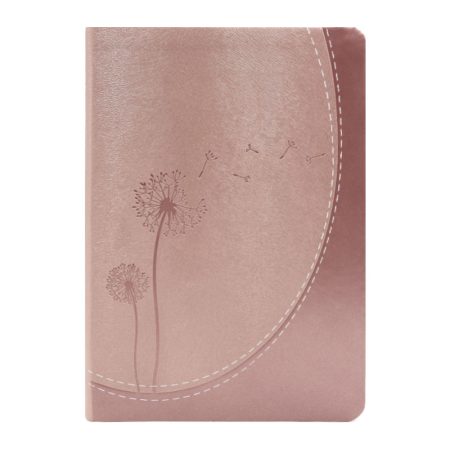 Cuaderno de color rosa pálido con una ilustración en relieve de un diente de león y sus semillas esparciéndose, sobre un fondo claro.