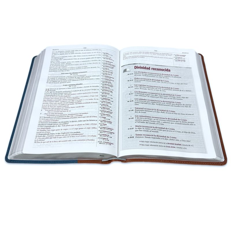 ** Un libro abierto que muestra dos páginas llenas de texto en columnas, con palabras destacadas en color. La encuadernación es visible y de color oscuro.