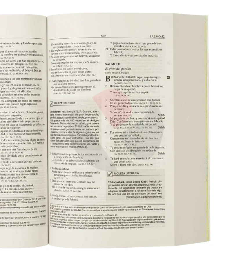 ** Una página abierta de un libro religioso, posiblemente una Biblia, mostrando texto en dos columnas con subtítulos y numeración de versículos.