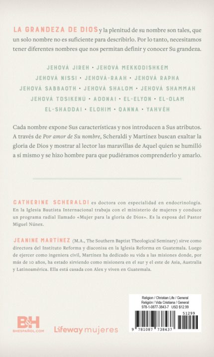 Portada trasera de un libro titulado 'LA GRANDEZA DE DIOS' que muestra una lista de diferentes nombres de Dios en letras grandes, seguido de textos sobre los autores Catherine Scheraldi y Jeanine Martínez. El fondo es de color crema con texto en rojo y negro, y también se incluye información editorial y un código de barras.