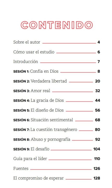 Fotografía de una página de contenido de un libro titulado CONTENIDO, con capítulos que se centran en creencias espirituales y éticas, numerados y titulados con temas como Confía en Dios, Verdadera libertad, Amor real y otros, en tonos de rojo y negro.