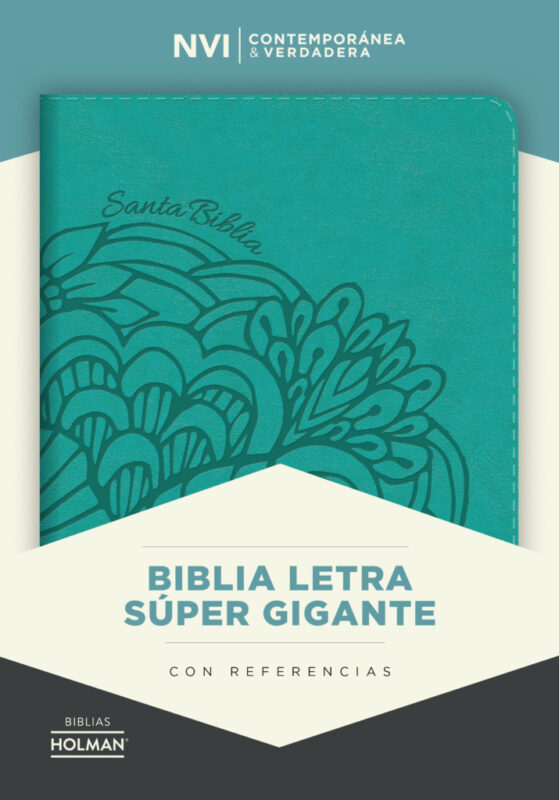 Portada de una Biblia NVI Letra Súper Gigante en color verde turquesa con detalles ornamentales y texto destacando su legibilidad y referencias.