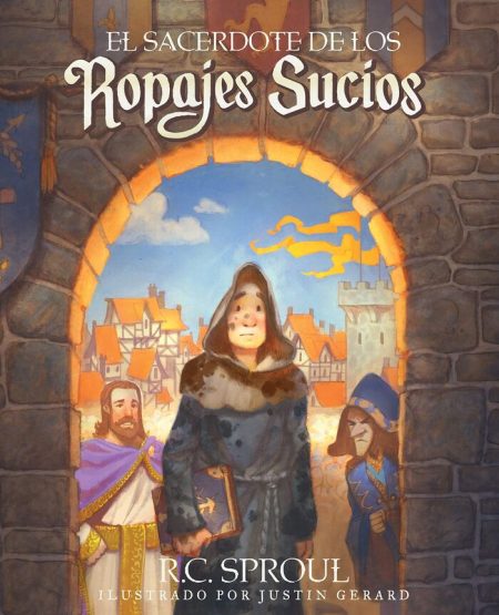 Portada ilustrada de un libro titulado El Sacerdote de los Ropajes Sucios mostrando a un monje sonriente en primer plano, con ropa tachonada y un libro en la mano, mientras dos figuras, un noble y un guardia, discuten en el fondo cerca de las casas y el castillo de una ciudad medieval.