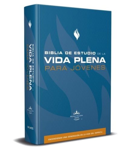  Imagen de la Biblia de estudio Vida Plena para Jóvenes, versión Reina-Valera 1960, con tapa dura en tonos de azul, con logos de llamas y una corona estilizada.