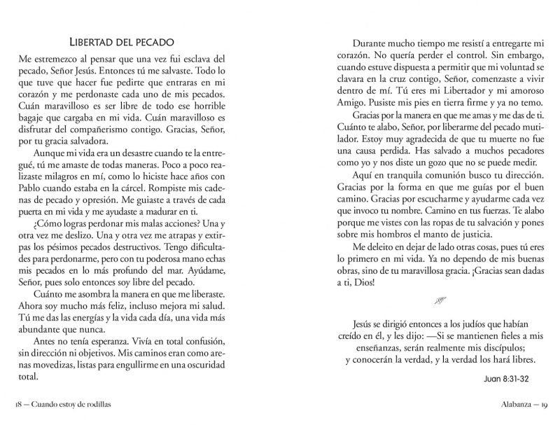 Dos páginas de un libro con textos titulados LIBERTAD DEL PECADO y Alabanza reflexionando sobre temas espirituales y citando versículos bíblicos.
