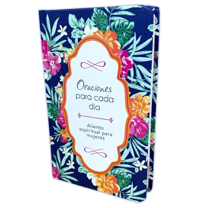 Libro con tapa dura titulado Oraciones para cada día - Aliento espiritual para mujeres, con un fondo floral en colores vivos sobre base azul oscuro.
