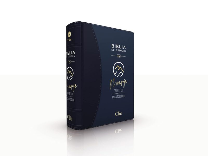 ** Biblia de Estudio con cubierta azul marino y detalles dorados.