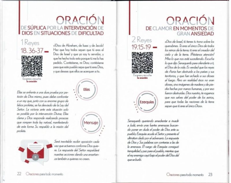 Páginas abiertas de un libro de oraciones con títulos 'ORACIÓN DE SÚPLICA POR LA INTERVENCIÓN DE DIOS EN SITUACIONES DE DIFICULTAD' y 'ORACIÓN DE CLAMOR EN MOMENTOS DE GRAN ANSIEDAD' acompañados de textos bíblicos, gráficos con íconos de teléfonos móviles mostrando códigos QR y breves reflexiones.