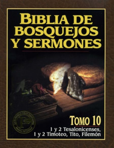 Portada del libro Biblia de Bosquejos y Sermones, Tomo 10 mostrando pan y una vela junto a libros con el fondo oscuro.