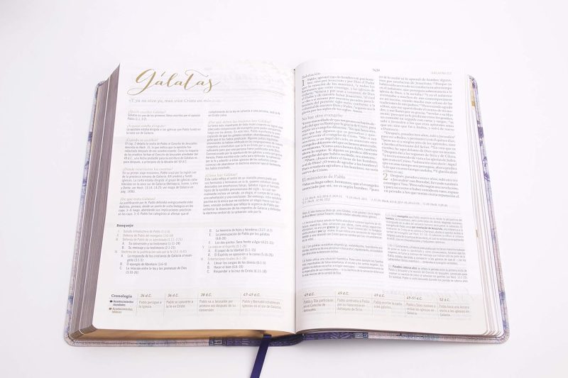 ** Un libro sagrado abierto por las páginas del libro de Gálatas, con un fondo blanco.