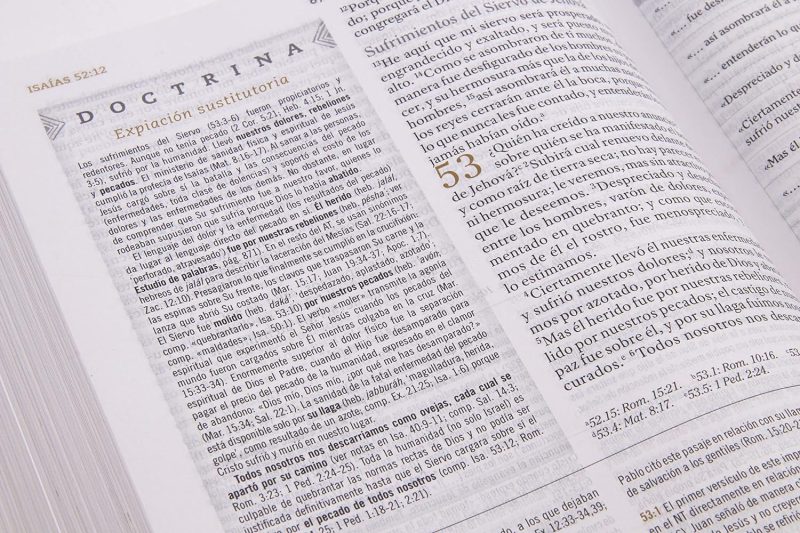 ** Vista cercana de una página de un libro que contiene texto religioso y doctrinal.