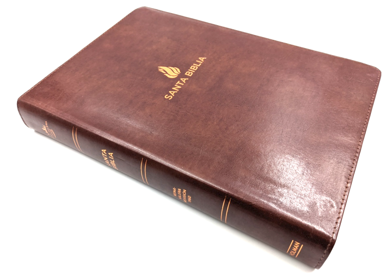 ** Fotografía de una Biblia de tapa dura en color marrón con letras doradas en la portada.
