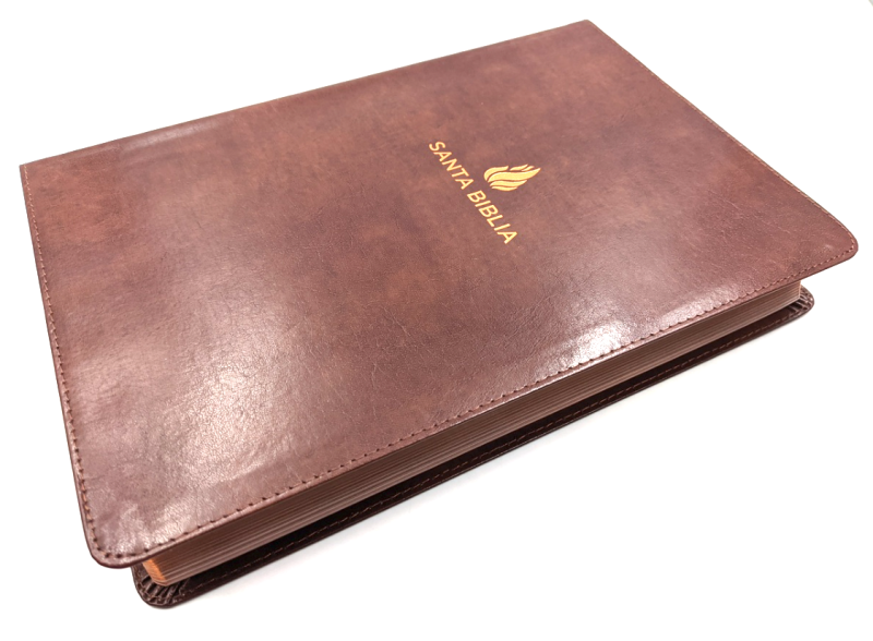 ** Imagen de una Biblia con cubierta de cuero marrón, con el título "Santa Biblia" en la portada.