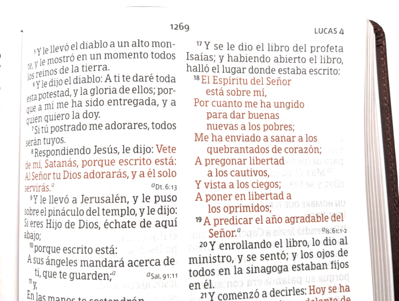 ** Página abierta de la Biblia mostrando el capítulo 4 del Evangelio de Lucas, con texto en negro y rojo.
