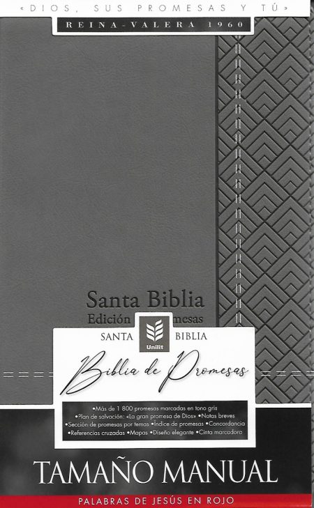 Imagen de la portada de la 'Santa Biblia, Edición de Promesas', versión Reina-Valera 1960, con detalles sobre sus características como las promesas marcadas, plan de salvación, y palabras de Jesús en rojo.