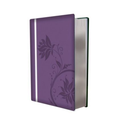 Un diario de tapa dura en tono púrpura con un diseño floral estampado en la cubierta y páginas en blanco visibles en el lateral.