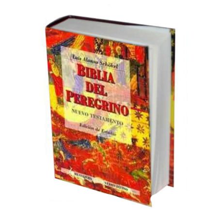 Fotografía de la portada de un libro titulado 'Biblia del Peregrino' con una cubierta colorida que incluye textos en superposición y un diseño abstracto.