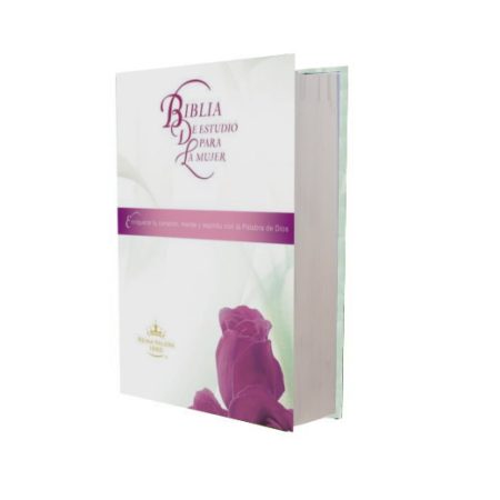 Imagen de una Biblia de Estudio para la Mujer con una cubierta blanca y púrpura, y una rosa púrpura en el frente.