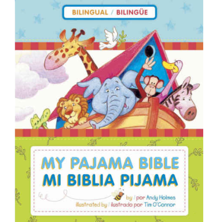 Portada del libro bilingüe My Pajama Bible - Mi Biblia Pijama, mostrando una ilustración colorida de un grupo de animales de dibujos animados, incluyendo una jirafa, elefante, león y cerdo, mirando hacia fuera de un arca.