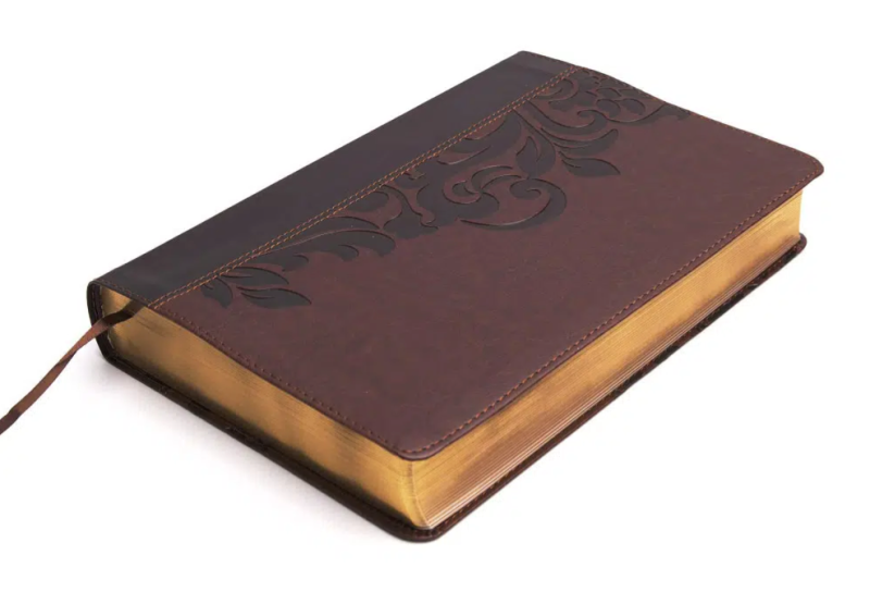 ** Biblia de tapa dura marrón con detalles en relieve y bordes dorados.