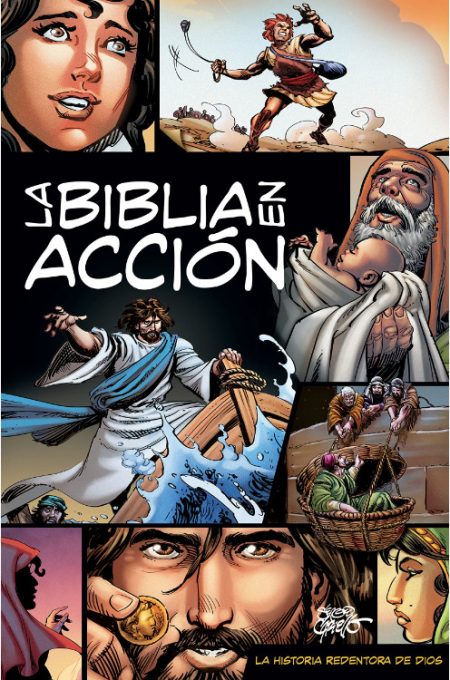 Portada del cómic La Biblia en Acción mostrando varios paneles con representaciones estilizadas de figuras bíblicas en acción, como David con una honda, Moisés partiendo el mar, y Jesús.