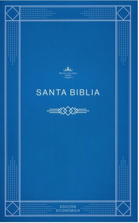Portada de la Santa Biblia versión Reina-Valera 1960 con un diseño de portada en tonalidades de azul y adornos geométricos, con las palabras 'Edición Económica' en la parte inferior.